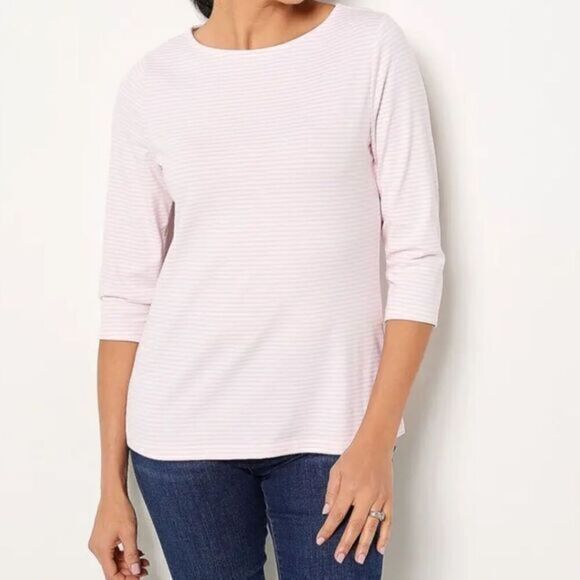 Denim & Co. Essentials Striped Jersey Boatneck 3/4 Sleeve Top sz XXS NWOT # B988 - Picture 1 of 3